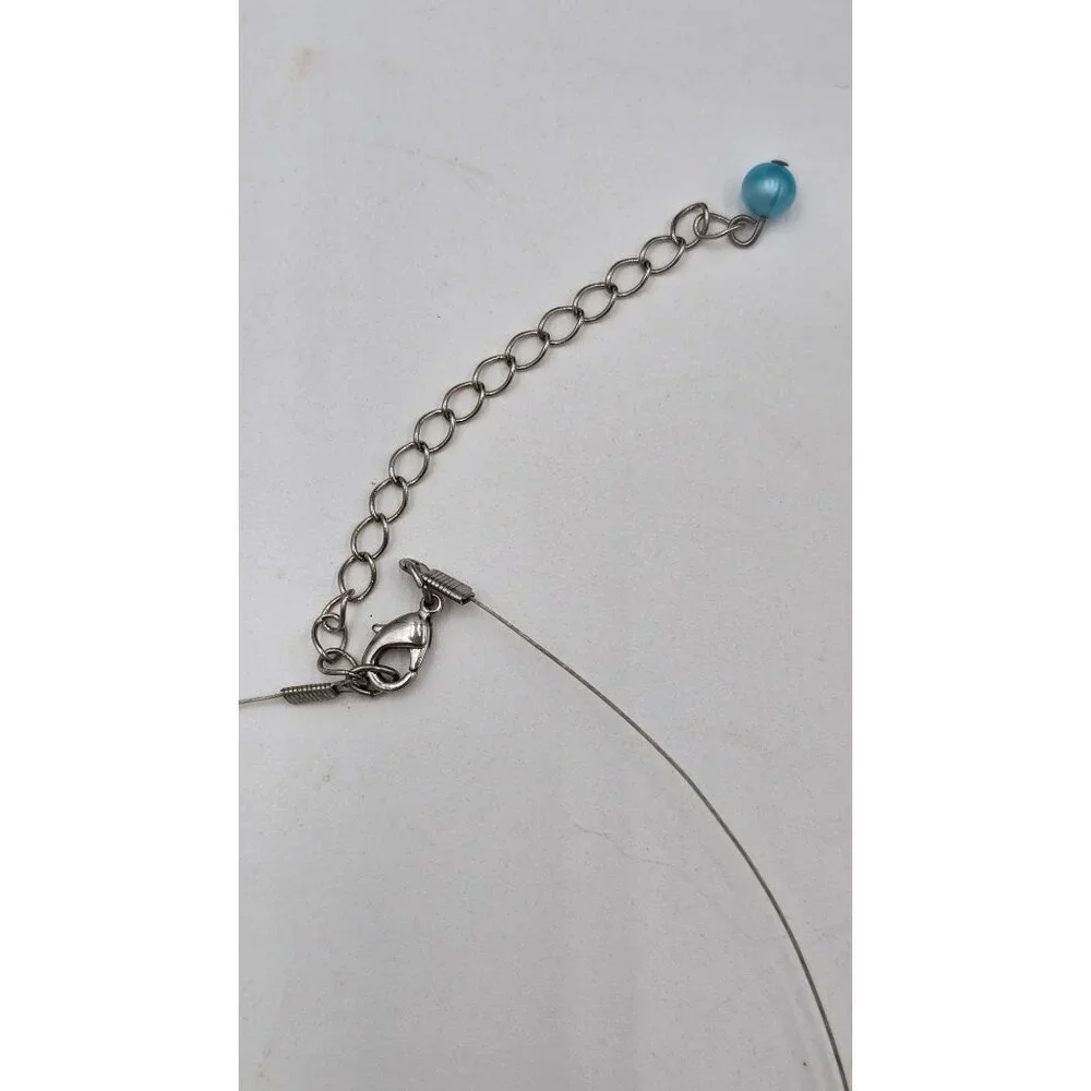 Silvertone Wire Necklace Blue Cats Eye Glass Resin Flower Pendant Jewelry - Picture 4 of 6